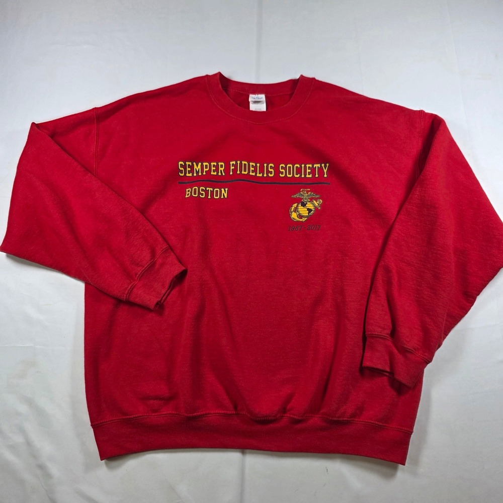 Gildan Semper Fidelis Society Boston USMC Red Crewneck Sweatshirt XL 1987-2017